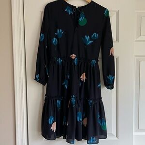 Ann Taylor Women’s Dress Navy Blue Floral Long Sleeve Tiered Dress size 2